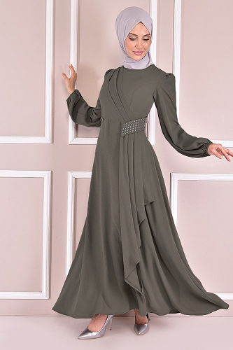 moda selvim الفستانASM2507-M هاكي - Thumbnail