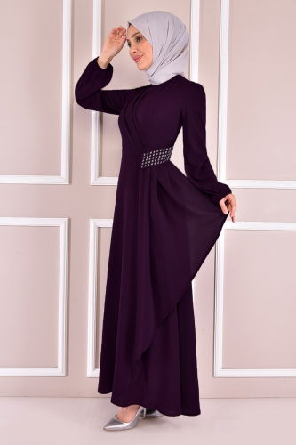 MRV A.S.M. - Dress with Stone Embroidery on the Waist ASM2507-M Mürdüm