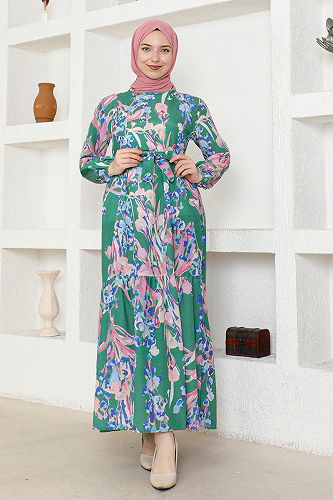 moda selvim الفستان أخضر ZNK4663-M - Thumbnail