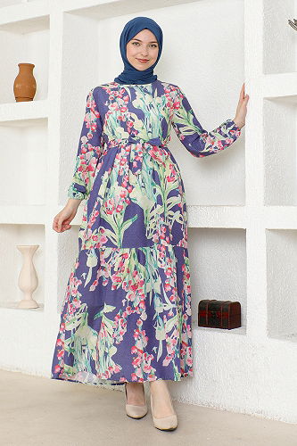 moda selvim Dress ZNK4663-M Indigo - Thumbnail