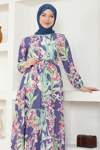 moda selvim Dress ZNK4663-M Indigo - Thumbnail