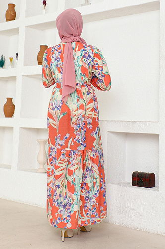 moda selvim الفستان برتقالي ZNK4663-M - Thumbnail