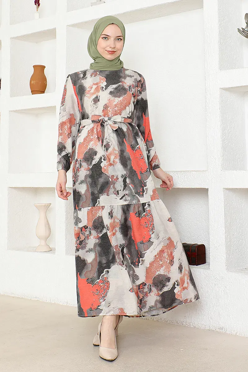 moda selvim الفستان رمادي غامق ZNK4664-M - Thumbnail