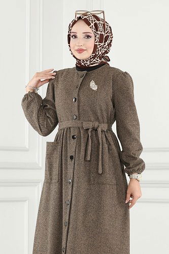 moda selvim 8058UKB139 بيج عباءة & فستان - Thumbnail