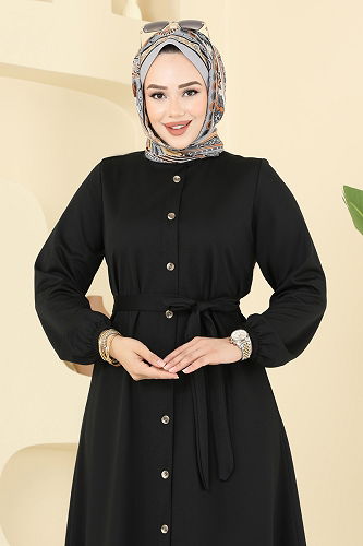 moda selvim Düğme Aksesuarlı Dabıl Elbise 2052ERK1158 Siyah - Thumbnail