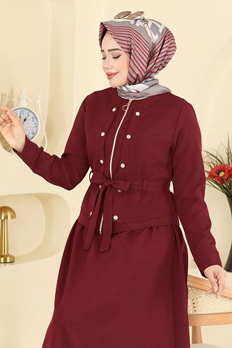 moda selvim Düğme Aksesuarlı Dabıl Takım PL9214 Bordo - Thumbnail