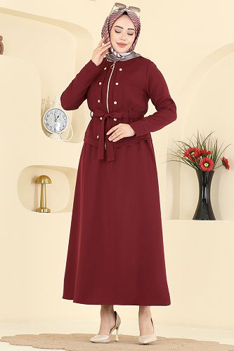 moda selvim Düğme Aksesuarlı Dabıl Takım PL9214 Bordo - Thumbnail