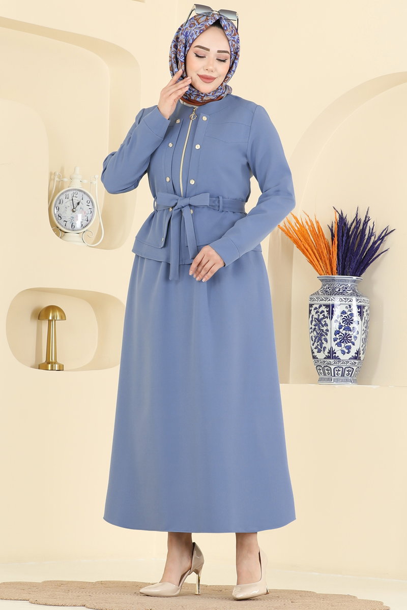 Düğme Aksesuarlı Dabıl Takım PL9214 Mavi - Moda Selvim