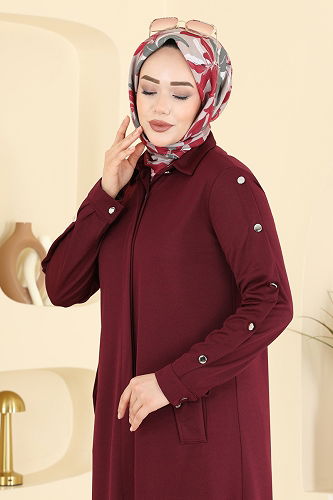 moda selvim Düğme Aksesuarlı Örme Krep Ferace 24014UKB139 Bordo - Thumbnail