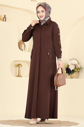 moda selvim Düğme Aksesuarlı Örme Krep Ferace 24014UKB139 Kahve - Thumbnail