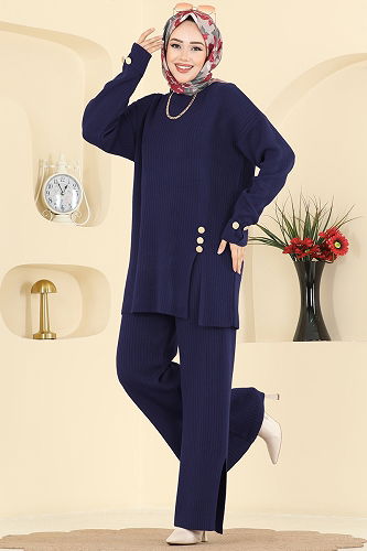 moda selvim Düğme Aksesuarlı Triko Takım 1336MT581 Laci - Thumbnail