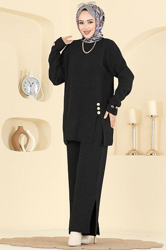 moda selvim Düğme Aksesuarlı Triko Takım 1336MT581 Siyah - Thumbnail