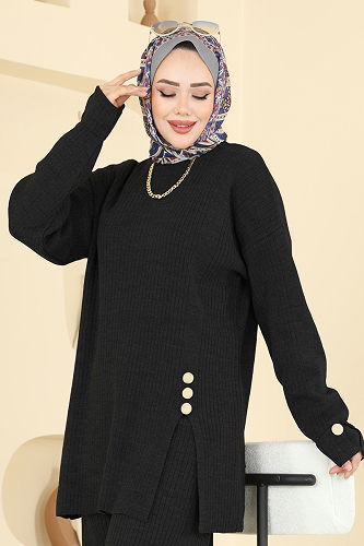 moda selvim Düğme Aksesuarlı Triko Takım 1336MT581 Siyah - Thumbnail