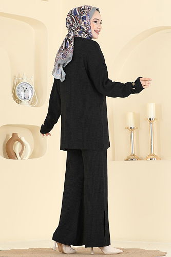 moda selvim Düğme Aksesuarlı Triko Takım 1336MT581 Siyah - Thumbnail