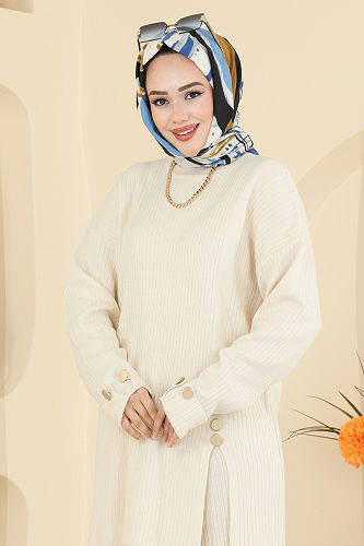 moda selvim Düğme Aksesuarlı Triko Takım 1336MT581 Taş - Thumbnail