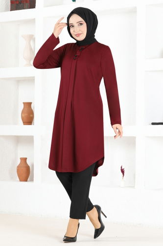 moda selvim Düğme Detay Basic Tunik MSL1180 Bordo - Thumbnail