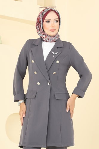 moda selvim Düğme Detay Ceketli Takım 2711SL432 Füme - Thumbnail