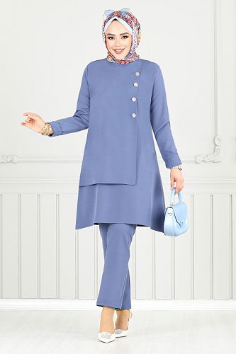moda selvim Düğme Detay İkili Takım 23012UKB929-M Açık İndigo - Thumbnail