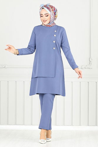 moda selvim Düğme Detay İkili Takım 23012UKB929-M Açık İndigo - Thumbnail