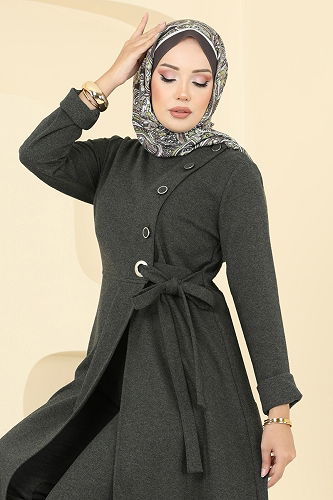 moda selvim Düğme Detay Yırtmaçlı Tivit Takım 2729SL432 Haki - Thumbnail