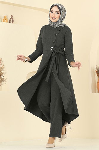 moda selvim Düğme Detay Yırtmaçlı Tivit Takım 2729SL432 Haki - Thumbnail