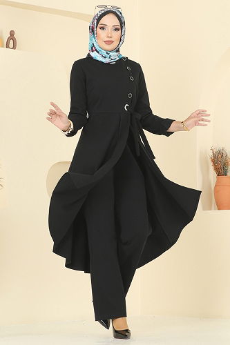 moda selvim Düğme Detay Yırtmaçlı Tivit Takım 2729SL432 Siyah - Thumbnail