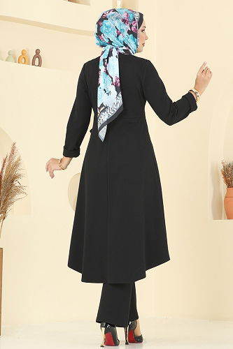 moda selvim Düğme Detay Yırtmaçlı Tivit Takım 2729SL432 Siyah - Thumbnail