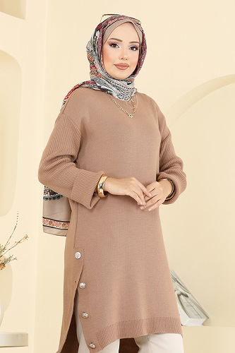 moda selvim Düğme Detay Yırtmaçlı Tunik 2716AYD574 Bisküvi - Thumbnail