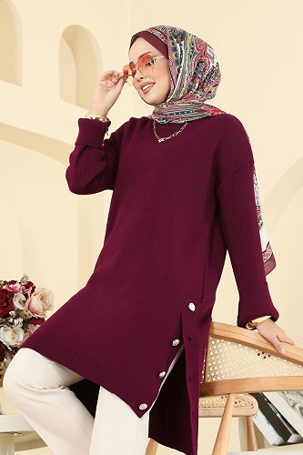 moda selvim Düğme Detay Yırtmaçlı Tunik 2716AYD574 Bordo - Thumbnail