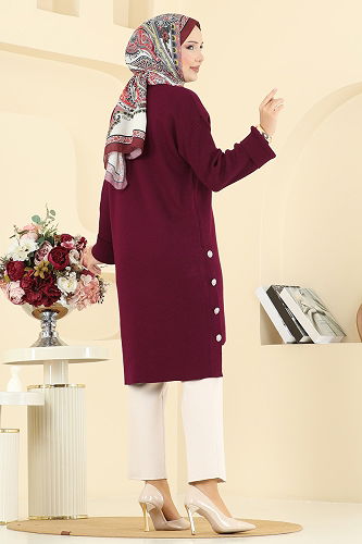 moda selvim Düğme Detay Yırtmaçlı Tunik 2716AYD574 Bordo - Thumbnail