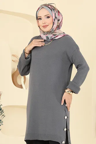 moda selvim Düğme Detay Yırtmaçlı Tunik 2716AYD574 Füme - Thumbnail
