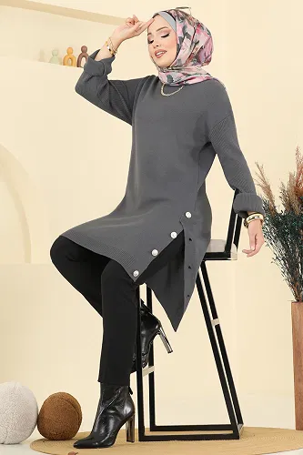 moda selvim Düğme Detay Yırtmaçlı Tunik 2716AYD574 Füme - Thumbnail