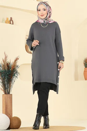 moda selvim Düğme Detay Yırtmaçlı Tunik 2716AYD574 Füme - Thumbnail