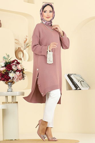 moda selvim Düğme Detay Yırtmaçlı Tunik 2716AYD574 Gül Kurusu - Thumbnail