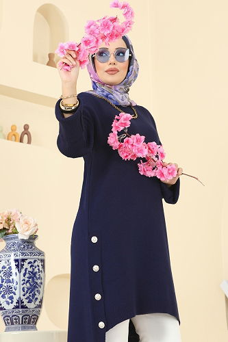 moda selvim Düğme Detay Yırtmaçlı Tunik 2716AYD574 Laci - Thumbnail