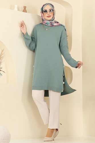 moda selvim Düğme Detay Yırtmaçlı Tunik 2716AYD574 Mint - Thumbnail