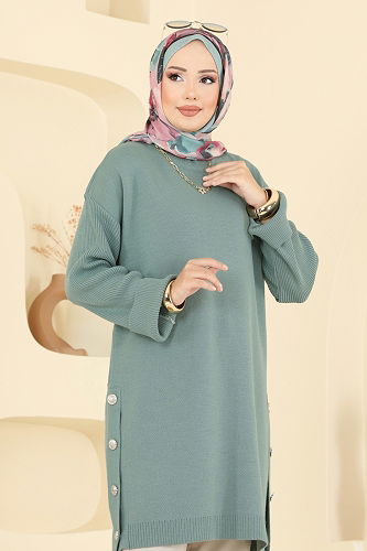 moda selvim Düğme Detay Yırtmaçlı Tunik 2716AYD574 Mint - Thumbnail