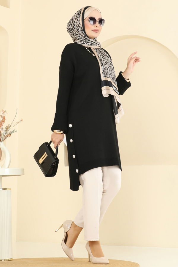 %30 İNDİRİM Düğme Detay Yırtmaçlı Tunik 2716AYD574 Siyah