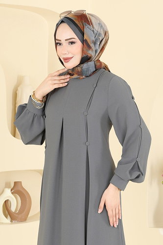 moda selvim Düğme Detaylı 2 li Krep Takım 558ASN888 Gri - Thumbnail