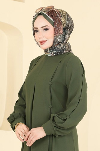 moda selvim Düğme Detaylı 2 li Krep Takım 558ASN888 Haki - Thumbnail