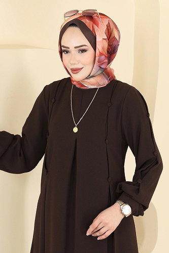 moda selvim Düğme Detaylı 2 li Krep Takım 558ASN888 Kahve - Thumbnail