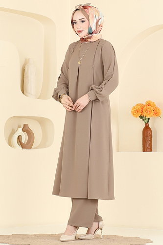 moda selvim Düğme Detaylı 2 li Krep Takım 558ASN888 Vizyon - Thumbnail