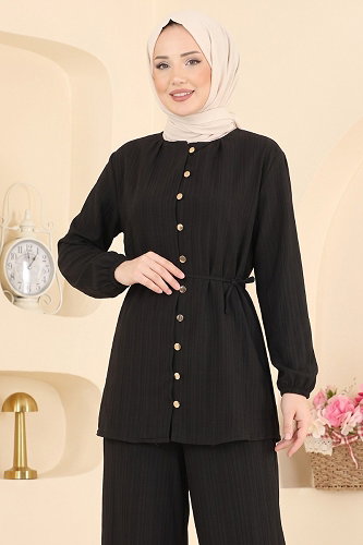 moda selvim Düğme Detaylı 2 li Takım 016ZMRK1203 Siyah - Thumbnail
