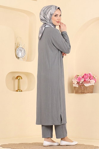 moda selvim Düğme Detaylı 2 li Takım 019ZMRK1203 Gri - Thumbnail