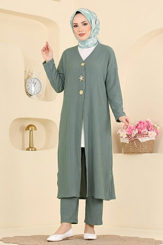 moda selvim Düğme Detaylı 2 li Takım 019ZMRK1203 Koyu Mint - Thumbnail