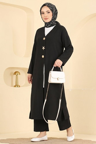 moda selvim Düğme Detaylı 2 li Takım 019ZMRK1203 Siyah - Thumbnail