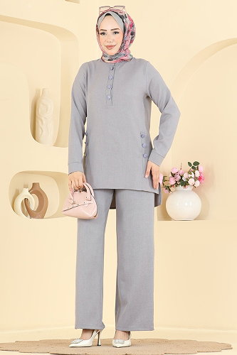 moda selvim Düğme Detaylı 2 li Takım 24049UKB139 Açık Gri - Thumbnail