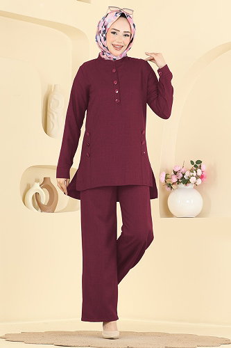 moda selvim Düğme Detaylı 2 li Takım 24049UKB139 Bordo - Thumbnail