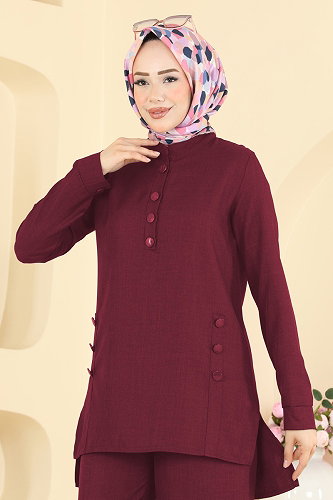 moda selvim Düğme Detaylı 2 li Takım 24049UKB139 Bordo - Thumbnail