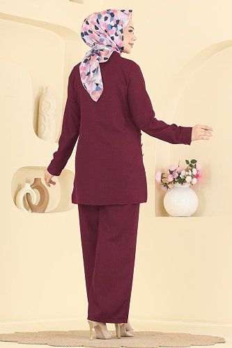 moda selvim Düğme Detaylı 2 li Takım 24049UKB139 Bordo - Thumbnail